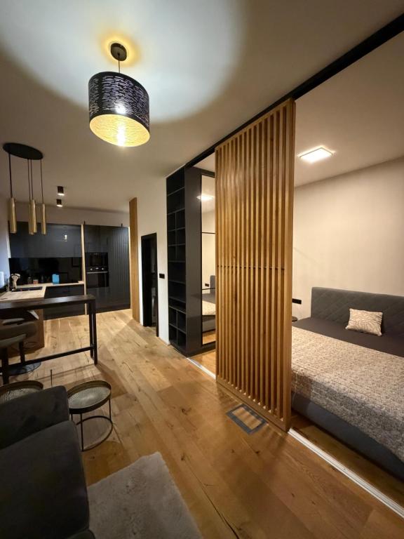 a living room with a bed and a kitchen at Studio apartment in Slezská Ostrava