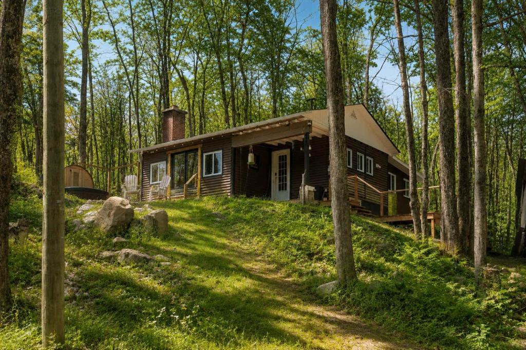 a log cabin in the woods with trees at Sauna Forest Escape & Relaxation - Chalet Orman in Brownsburg