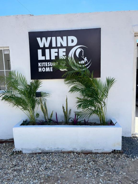 a sign on the side of a building with plants at Wind Life Home in Itarema