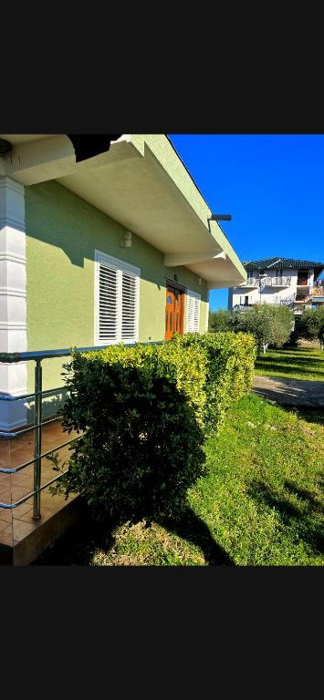 a green and white house with a bush in front of it at OLIVE Home in Durrës