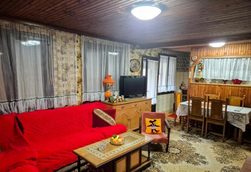 a living room with a red couch and a tv at Villa Vishensburg in Višni