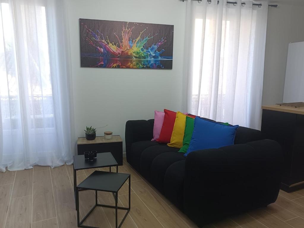 a living room with a black couch with colorful pillows at DUPLEX 3eme étage in Le Vigan