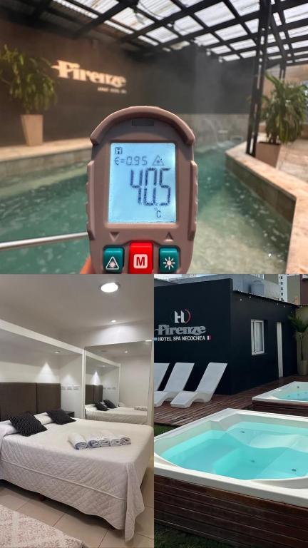 a collage of pictures of a swimming pool and a watch at Firenze Apartments in Necochea