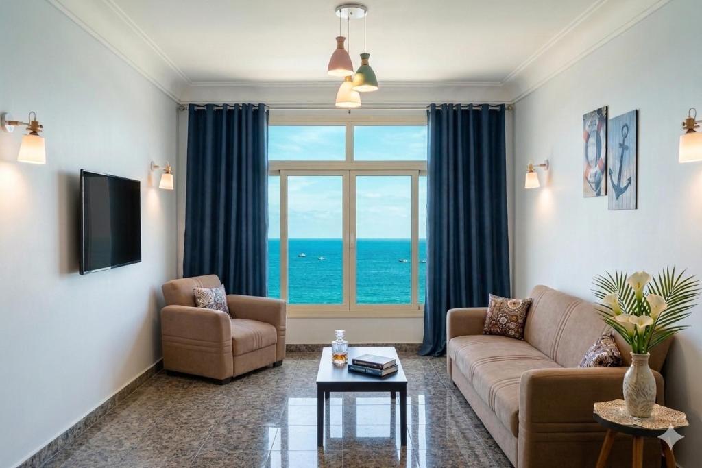 a living room with a couch and a large window at Nour 1 Sea View Apartment in Alexandria