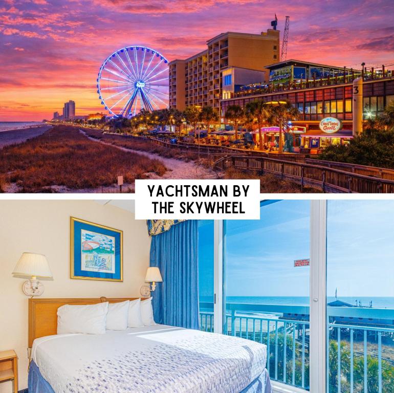 a hotel room with a view of the beach and a ferris wheel at Oceanfront Suite -Steps to SkyWheel! Yachtsman 402 in Myrtle Beach