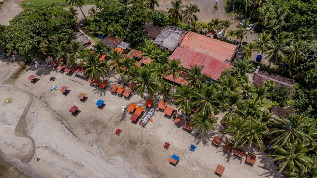 an aerial view of a beach with palm trees and buildings at Vicina Maris Beach Lodge in María Chiquita