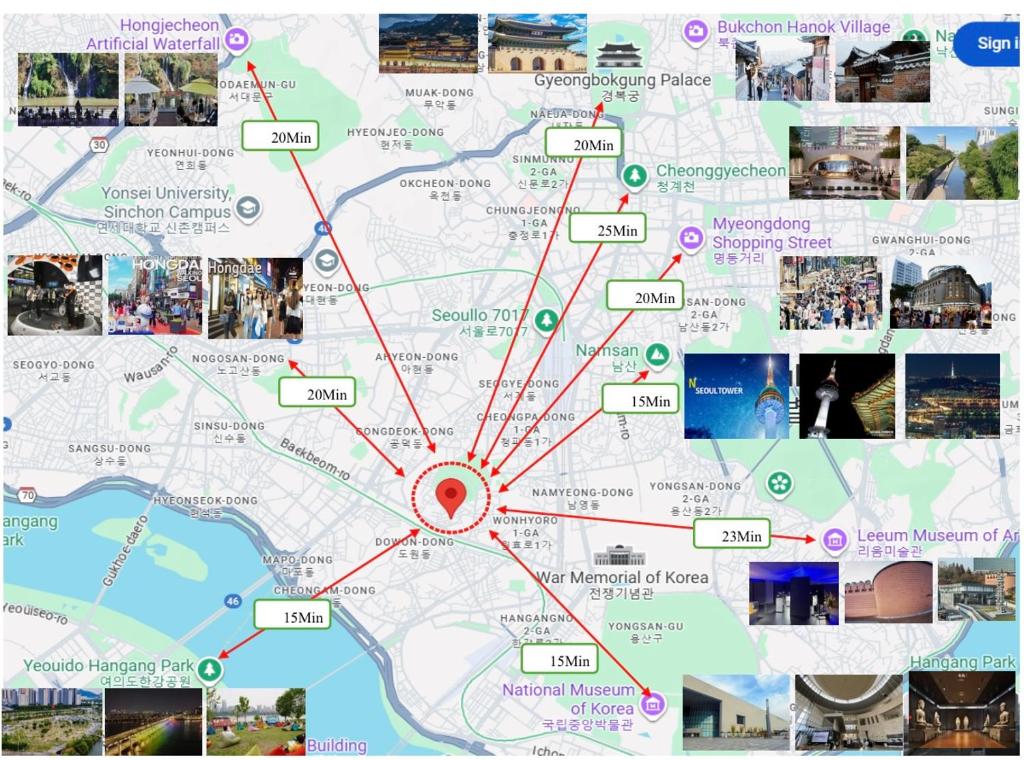 a map of the city of berlin with attractions at 옥상달빛 게스트하우스 in Seoul