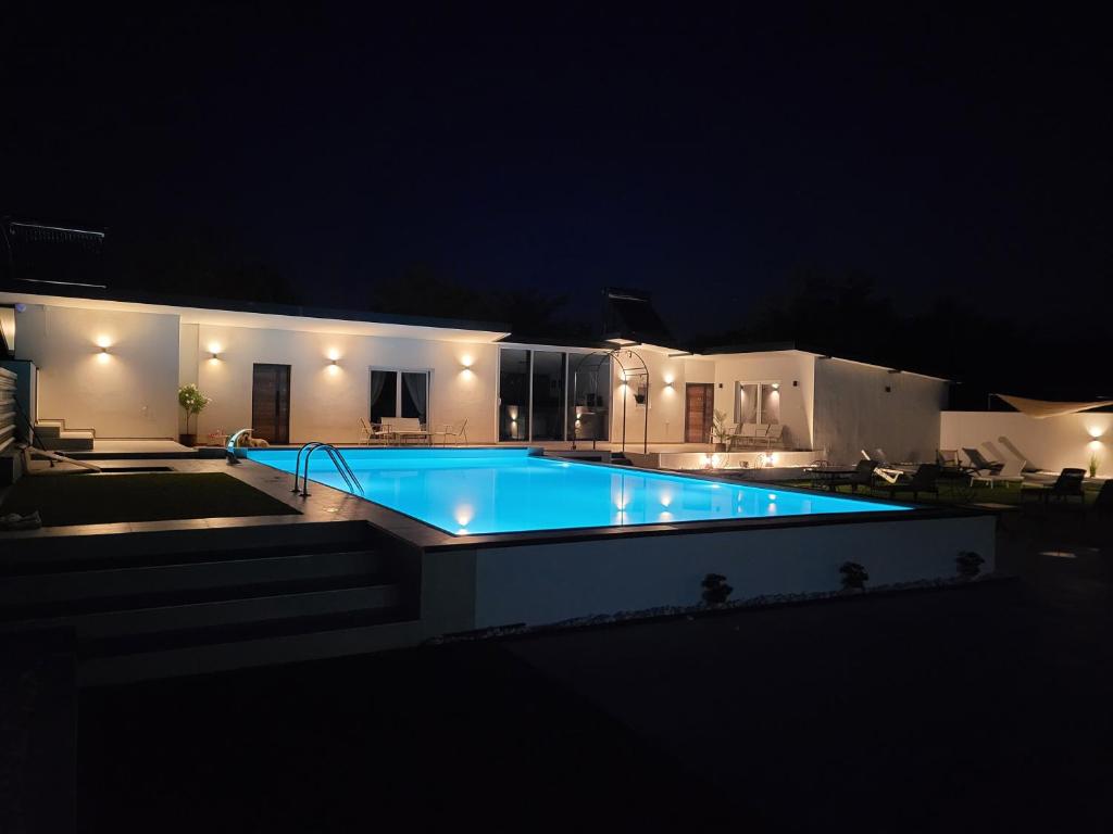 a swimming pool at night in front of a house at Diamona Lux Spa Apartman in Niš