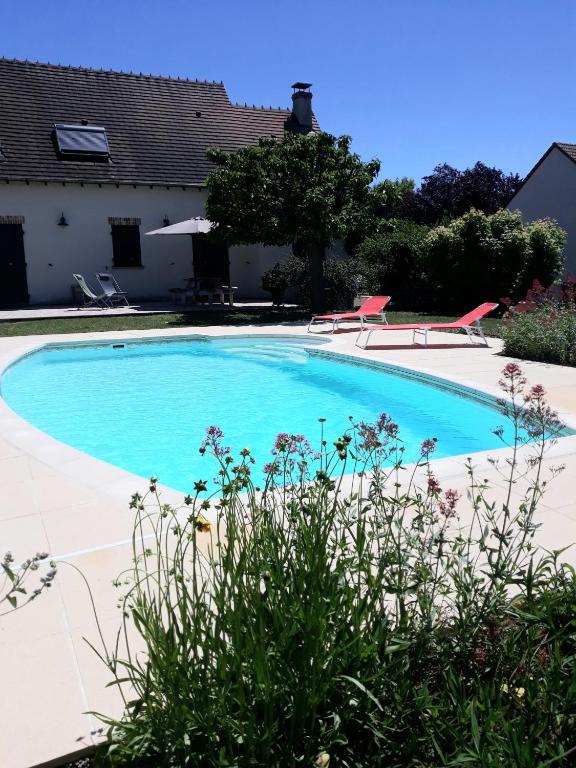 a large blue swimming pool in a yard at Thérouanne en Berry in Plaimpied-Givaudins