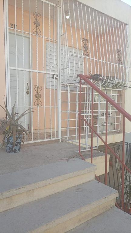 a bird sitting on the stairs of a house at María 1 in Barahona
