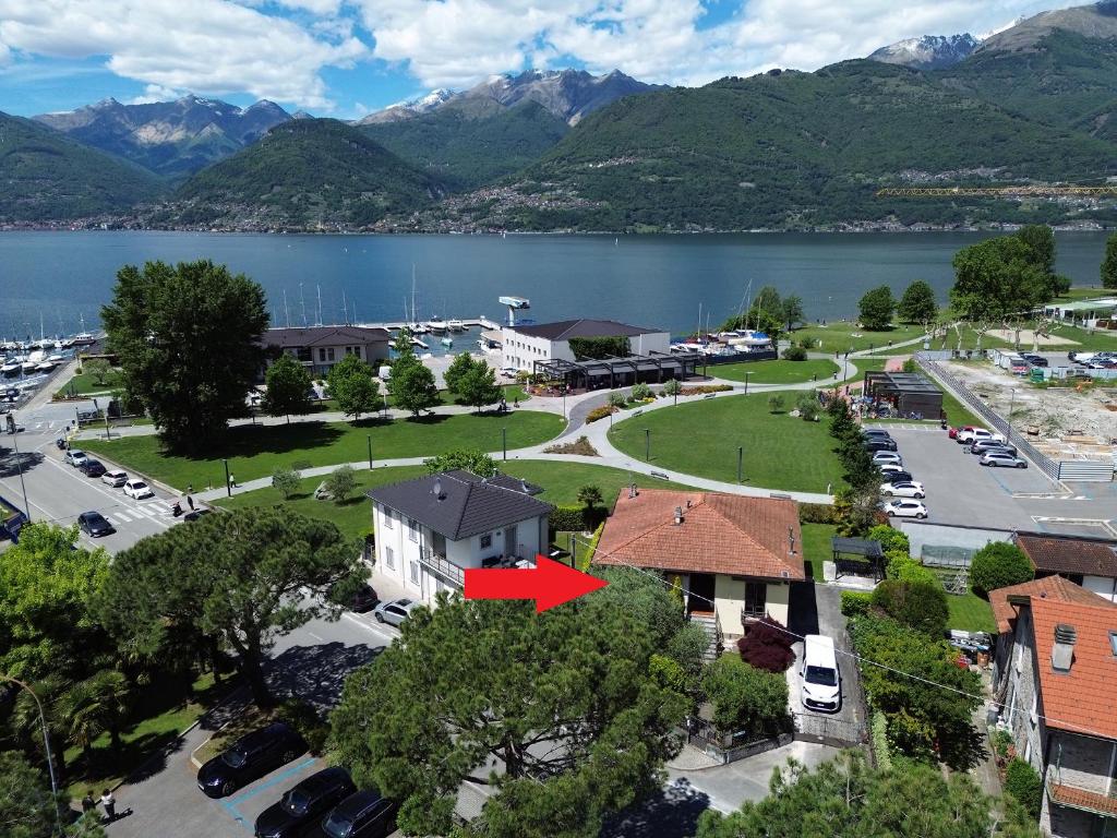 an aerial view of a town with a lake and mountains at Villa Lidia, Como Lake in Colico