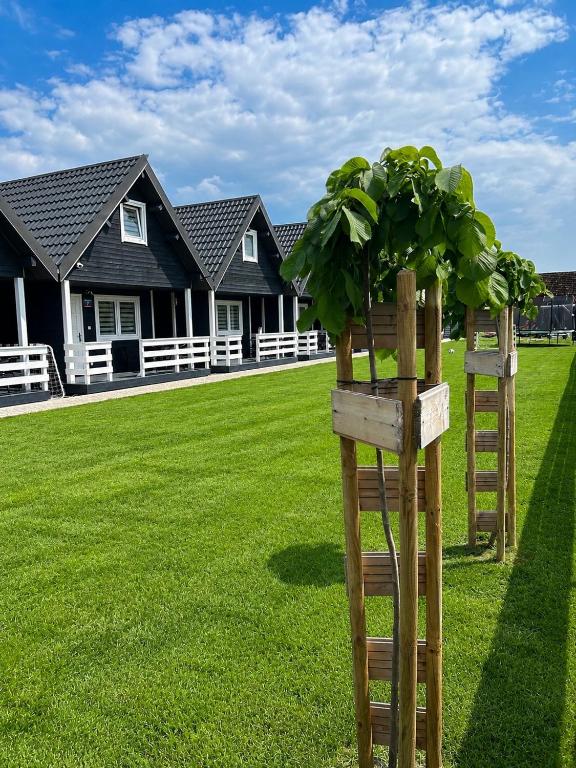 a house with a tree on the lawn at Domeczki Blaneczki Wicie - domki letniskowe nad morzem in Wicie