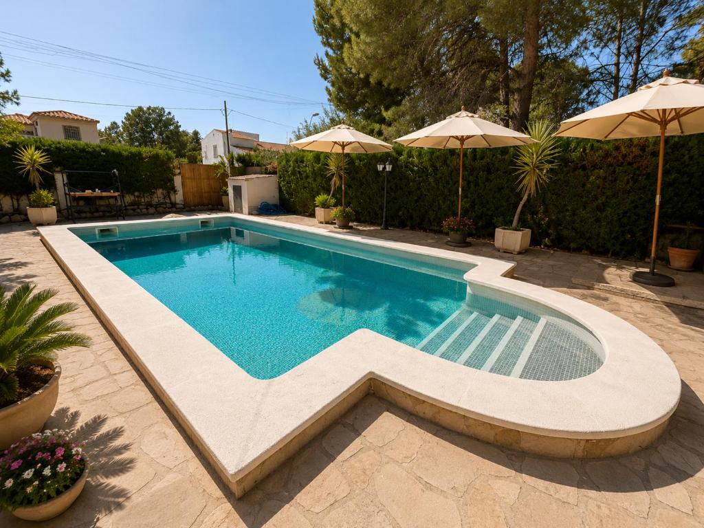 a swimming pool in a yard with umbrellas at AmetllaDeMar in Les tres Cales