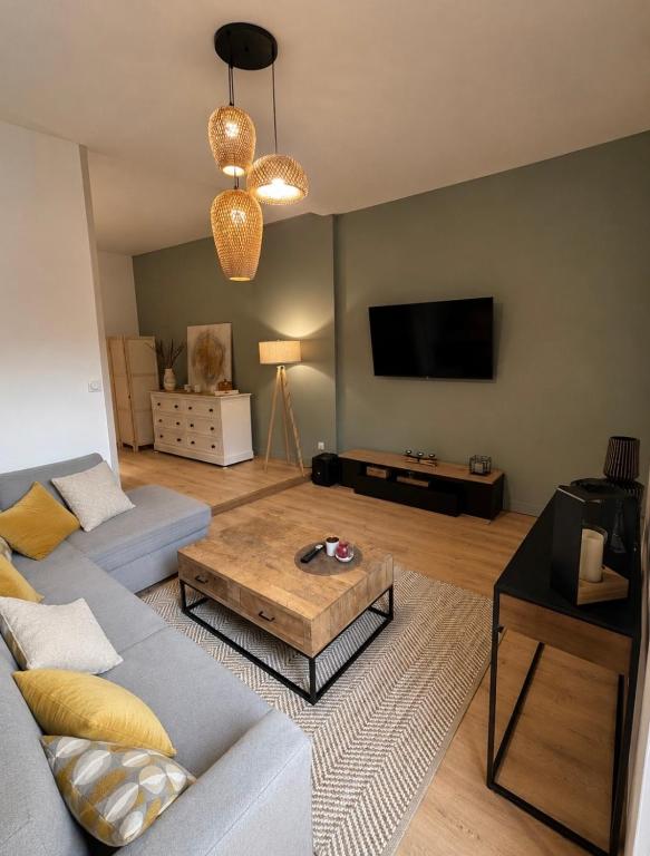 a living room with a couch and a coffee table at Le cocon d'Avallon - terrasse privé in Avallon