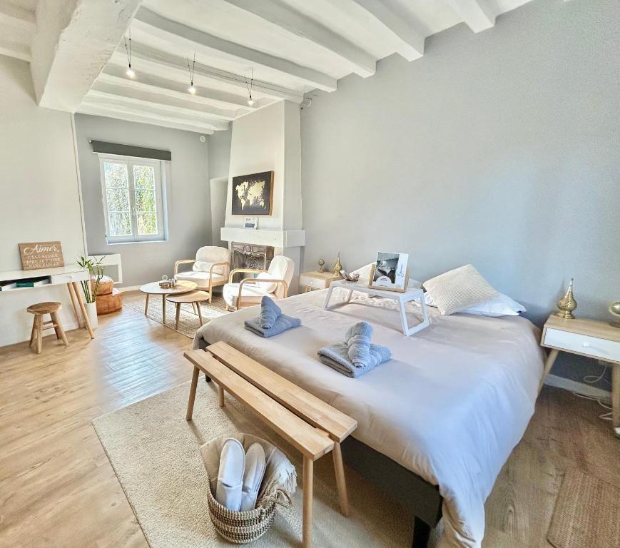 a bedroom with a large bed and a living room at Suite Une Bulle d Evidence avec baignoire spa in Saumur