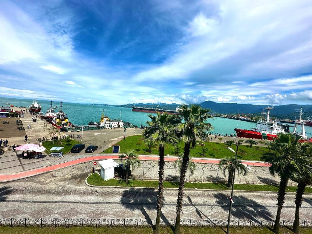 a view of a harbor with palm trees and the water at Hotel Neon in Batumi