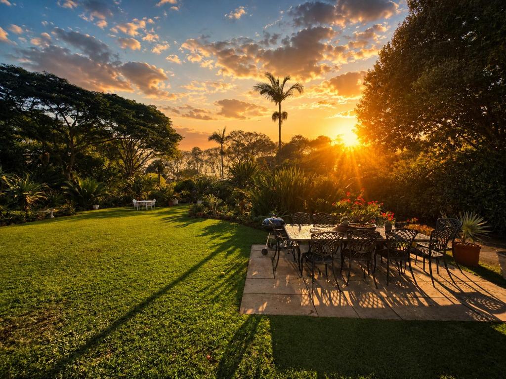 a table and chairs in a field with the sunset at Gorgeous Garden Villa in Gillitts-Emberton