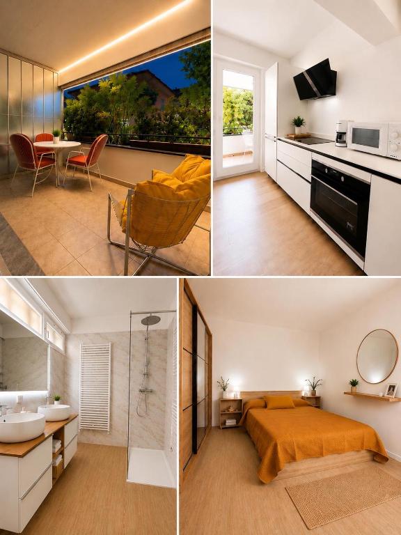 three different views of a bedroom and a living room at Ikigai Ascona in Ascona