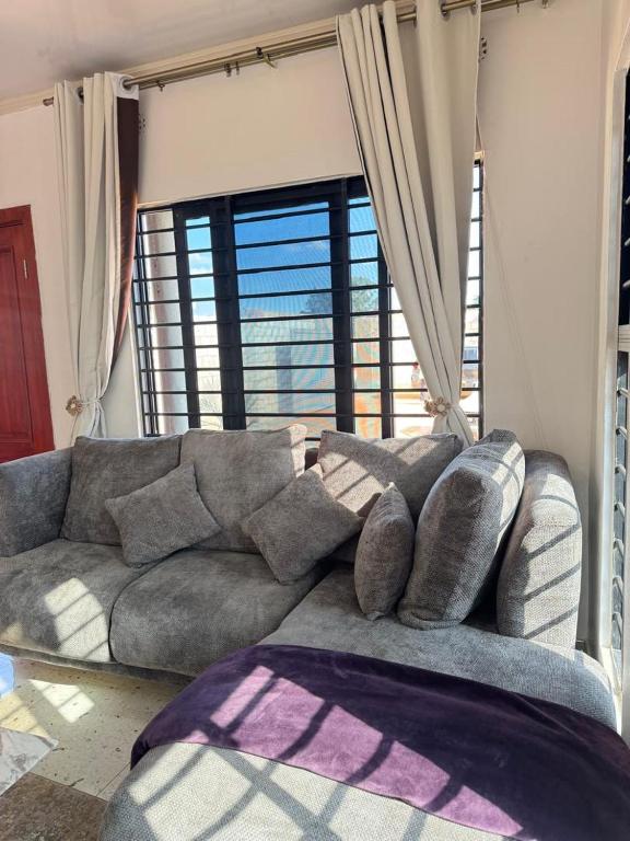a living room with a gray couch in front of a window at The Snug Spot in Lusaka