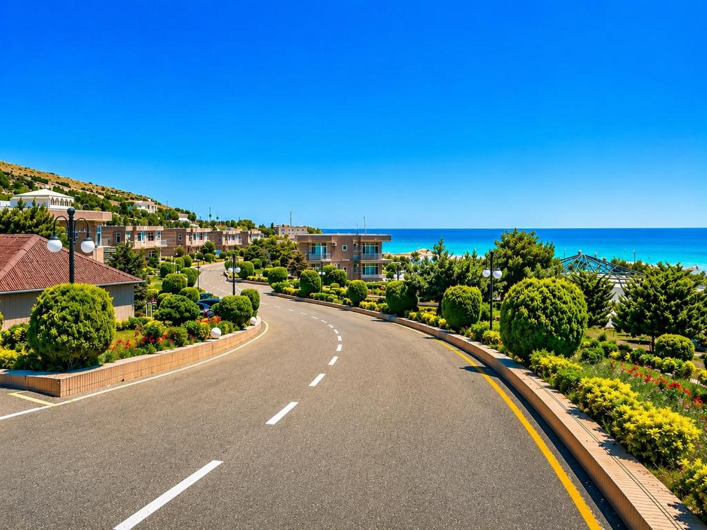 an empty road in front of the ocean at Khazri Resort & Villas in Baku