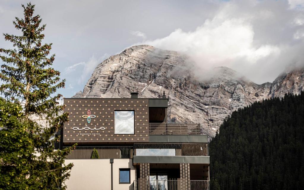 a house with a mountain in the background at Apartments Aois 4 Elements Suites in La Valle