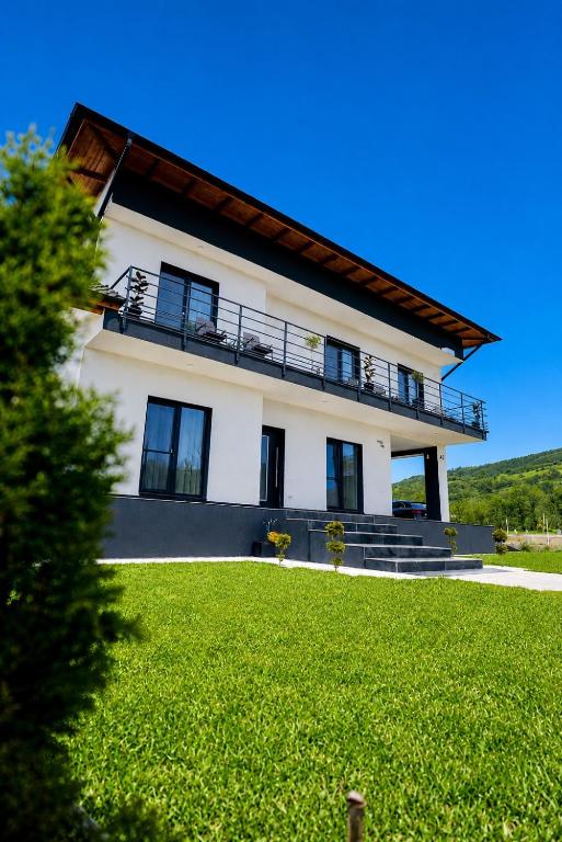 a large house with a large lawn in front of it at Exclusive Villa Jacuzzi & BBQ in Şerbăneşti