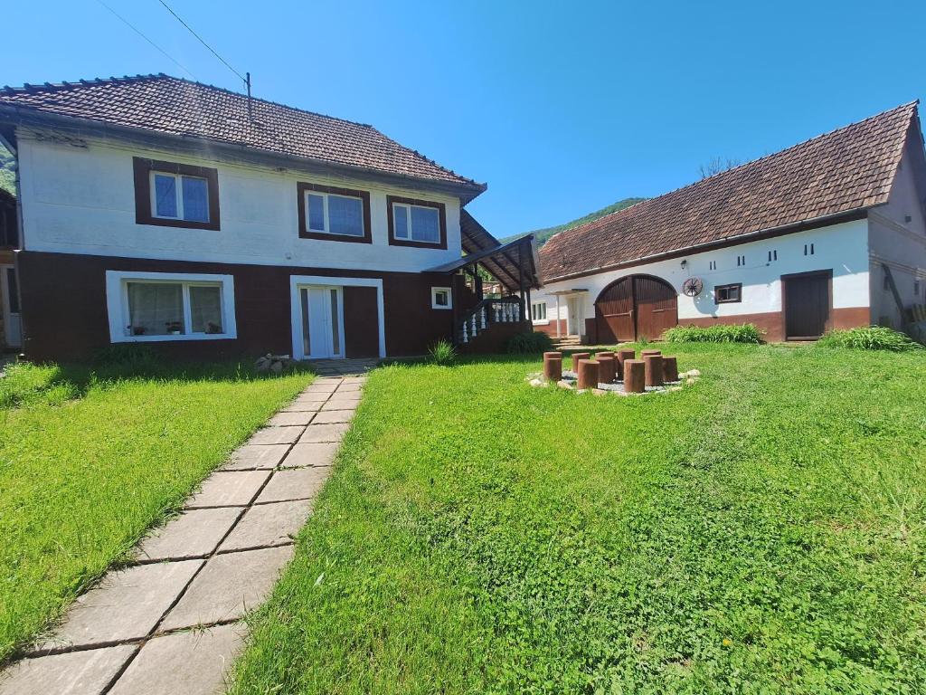 a house with a grassy yard next to a building at Șura Moșului in Dobîca