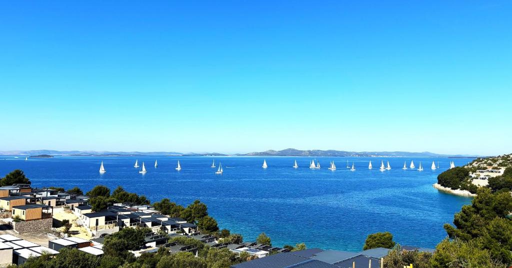 a view of a large body of water with sailboats at Mobile Home SkyLine - beautiful sea view - on the palm of the beach in Drage