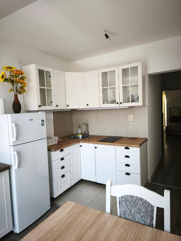 a kitchen with white cabinets and a white refrigerator at Montenegro Summer time in Igalo