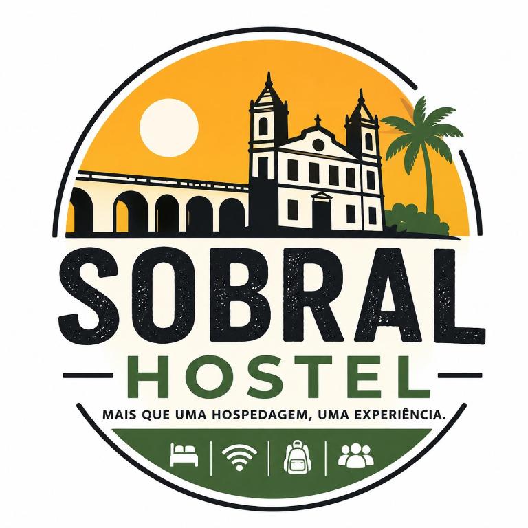 a logo for a hotel with a building and a palm tree at Sobral hostel in Magalhães Bastos