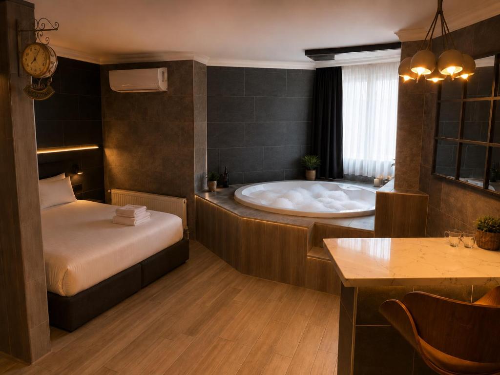 a bathroom with a tub and a bed and a table at Reco Luxury Suite in Kavaklıdere