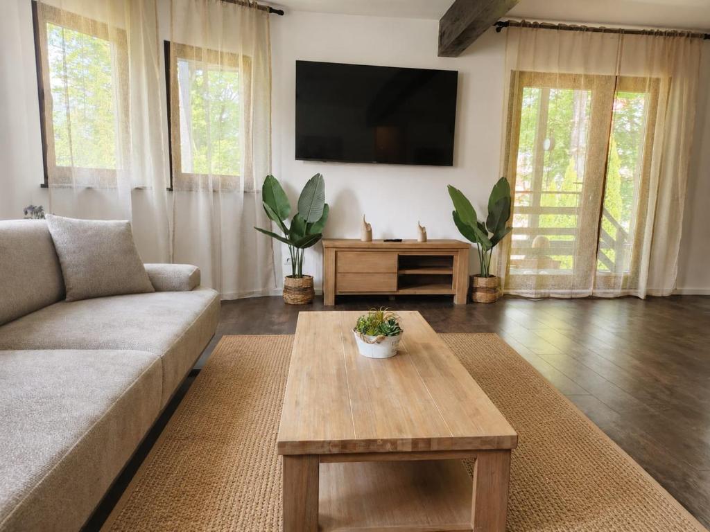 ein Wohnzimmer mit Sofa und Couchtisch in der Unterkunft Ponti's Villa in Buşteni