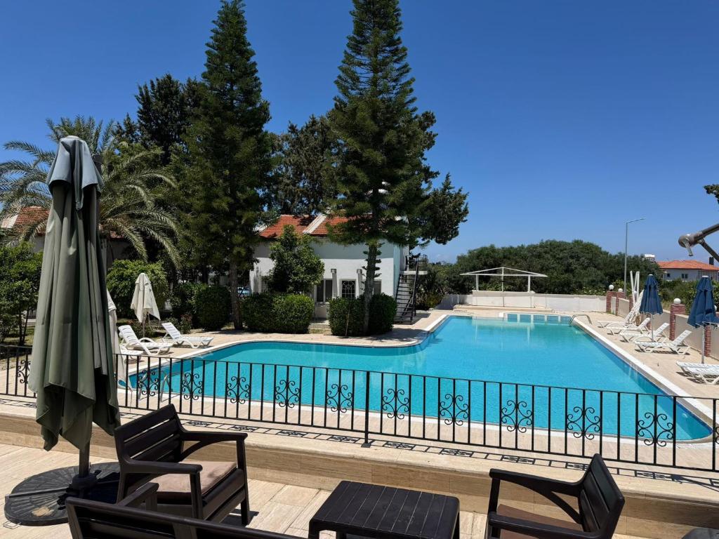 ein Schwimmbecken mit zwei Stühlen und einem Sonnenschirm in der Unterkunft Marsin Hotel & Bungalows in Kyrenia