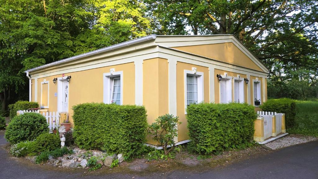 a small yellow house with bushes in front of it at Apartment v podzámčí in Františkovy Lázně