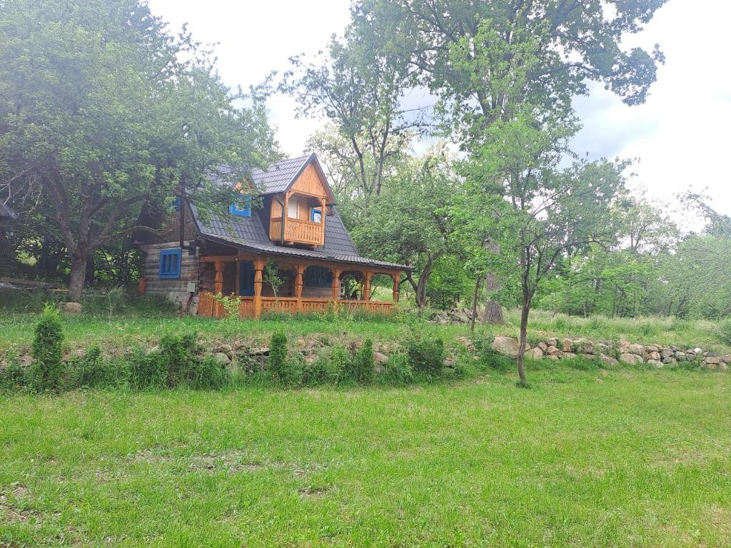 a log cabin in the middle of a field at Casuta din padure in Breb