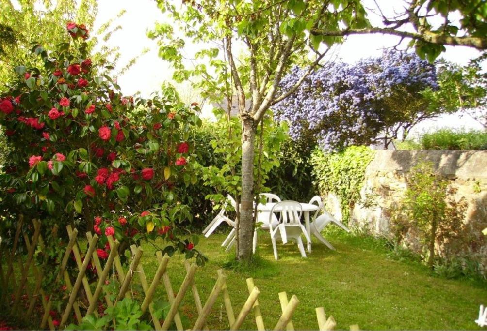 a table and chairs in a yard with a tree at L'escale bretonne in Pléneuf-Val-André