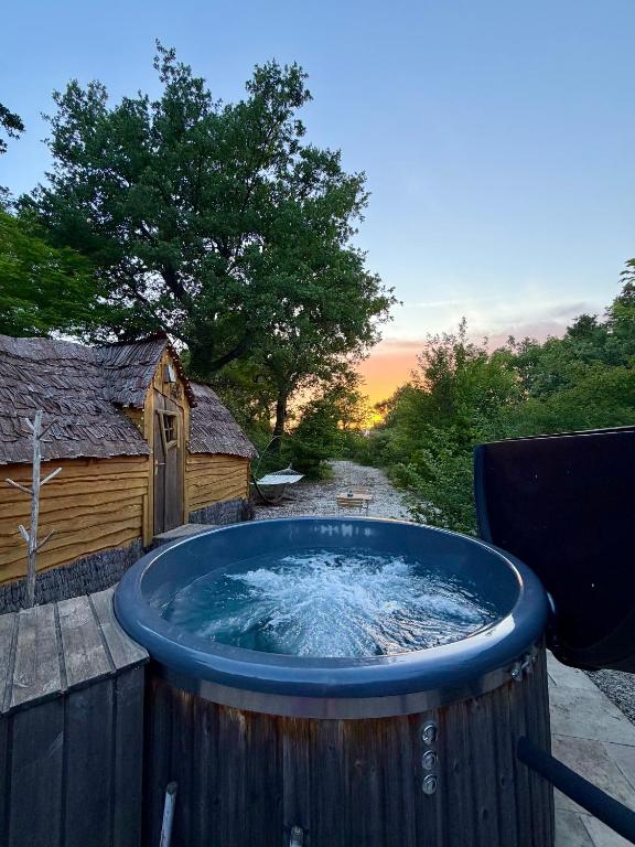a large blue tub with water in a yard at La cabane escagassée in Grambois
