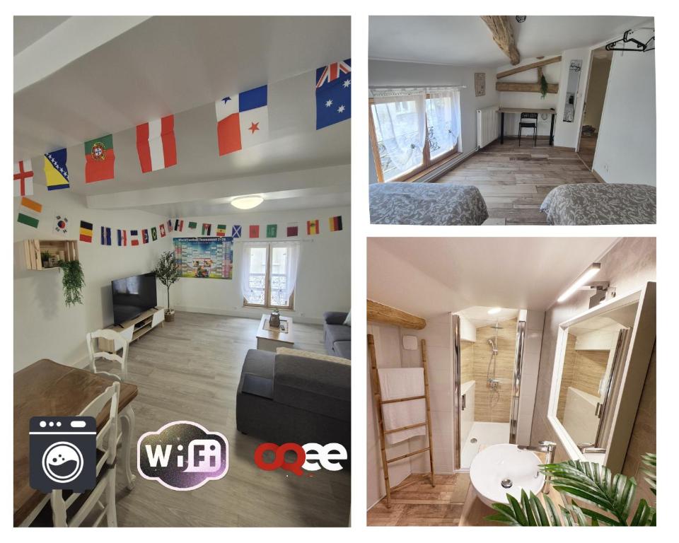 a room with flags on the wall and a living room at L'écrin des Forges maison cosy 1 à 6 voyageurs in Cousancelles