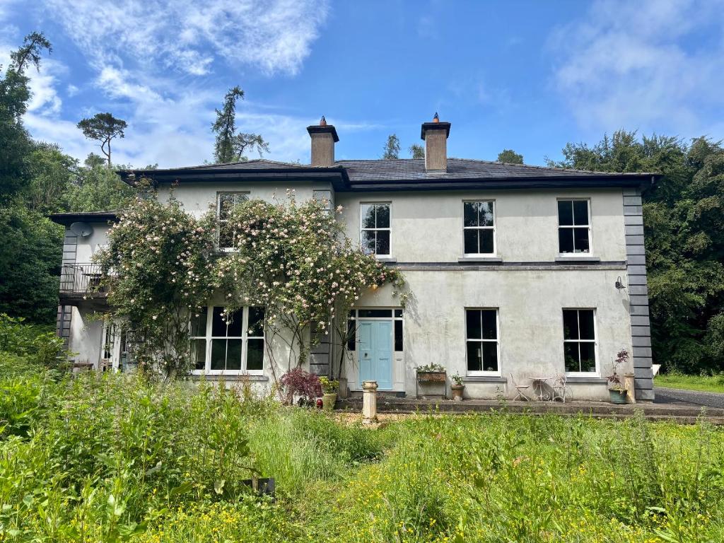 an old white house with a blue door at Blackhill Woods Retreat in Abbeyleix