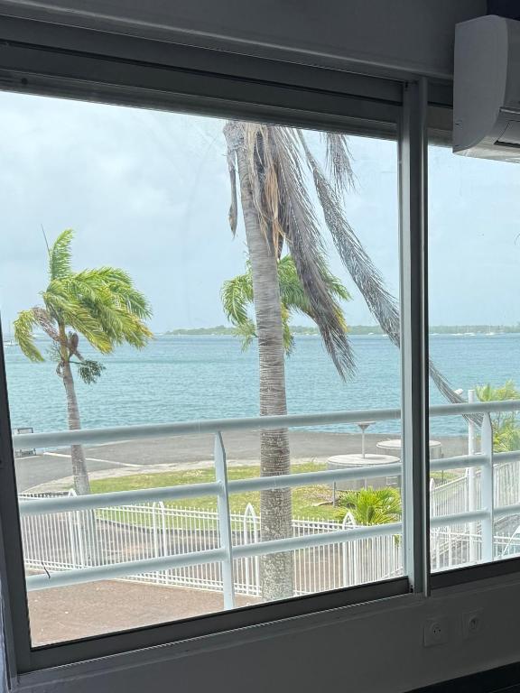 a window with a view of the ocean and a palm tree at JPY S Suite in Pointe-à-Pitre