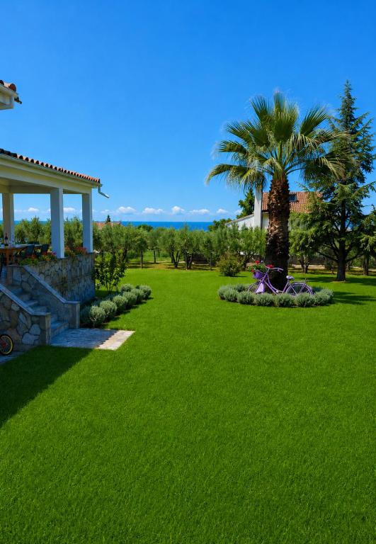 a park with a palm tree and a motorcycle in the grass at Private Villa Sea View BBQ in Epanomi