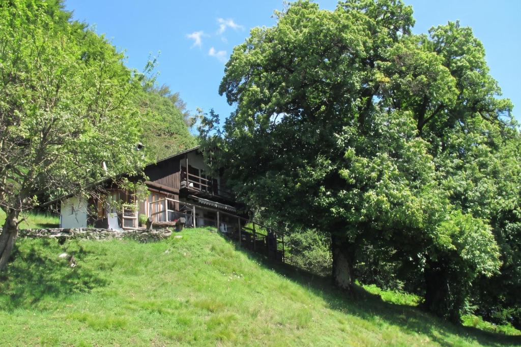 a house on a hill with trees in the foreground at Ca Brunella 2 Lake Maggiore View Terrace for Four - Happy Rentals in Riazzino