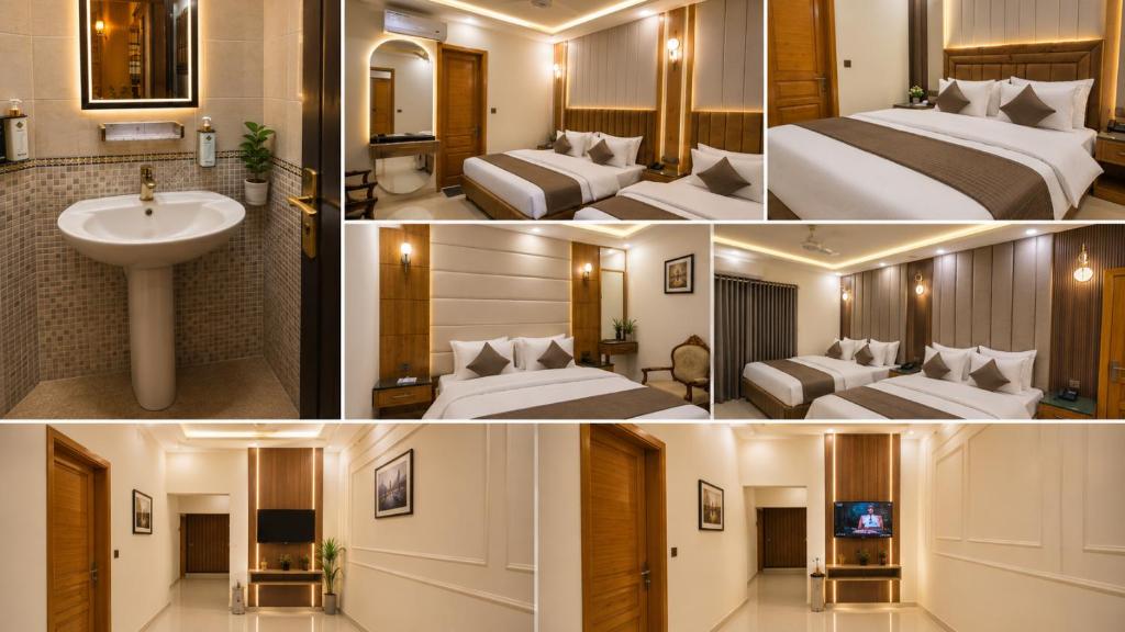 a collage of three pictures of a hotel room at City Rooms in Karachi