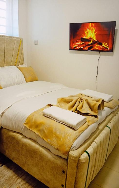 a bed with a blanket and a fire on the wall at Bliss Apartments in Nakuru
