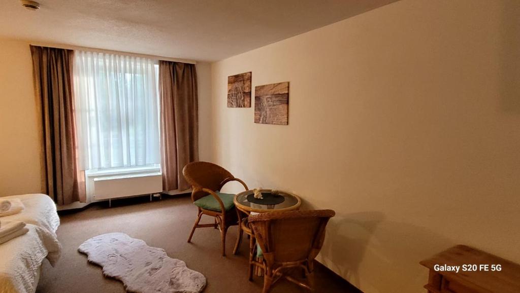 a room with a bed and a table and chairs at Pension Yammas in Großpostwitz
