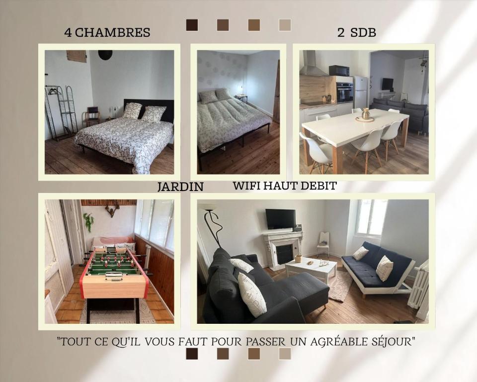 a collage of four photos of a living room at La demeure du 159 in Cognac