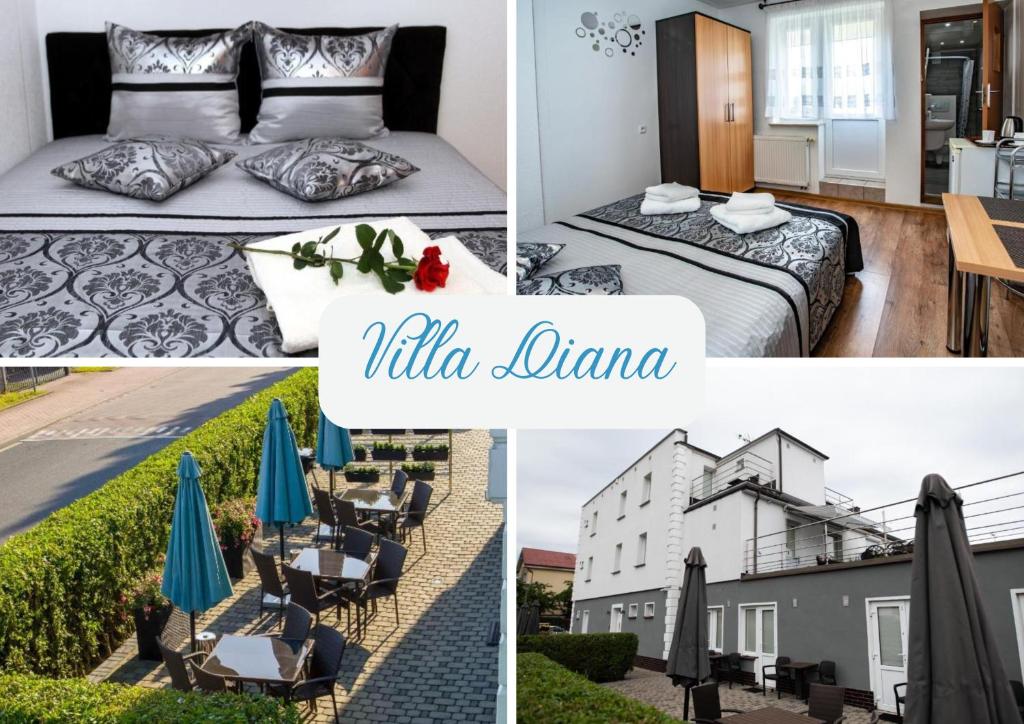 a collage of pictures of a hotel room with a bed and tables at VILLA DIANA USTKA to Twój wypoczynek, wyjątkowy klimat zapraszamy in Ustka