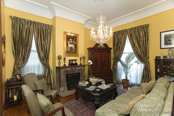 a living room with a couch and a fireplace at 1896 O'Malley House in New Orleans