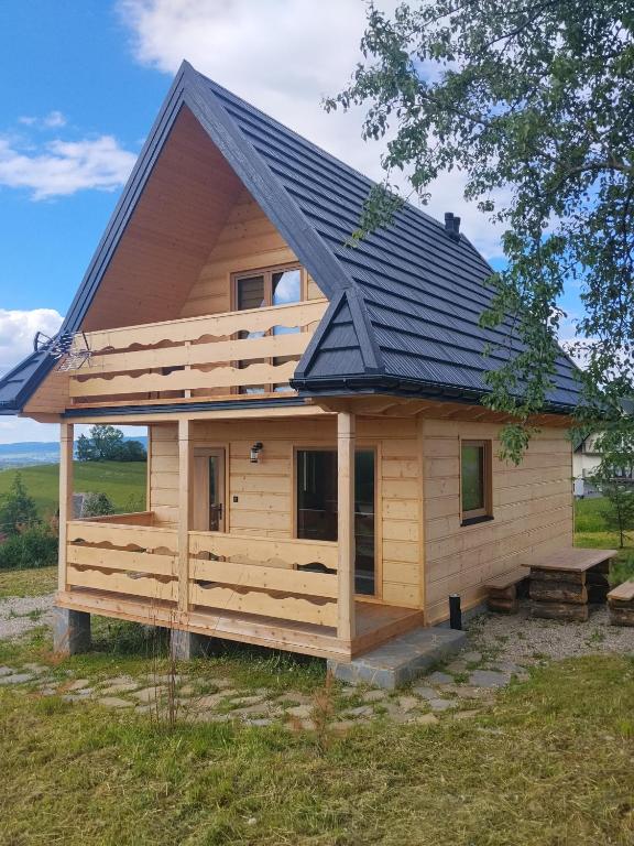 a large wooden cabin with a black roof at Domek Niedźwiedź in Groń