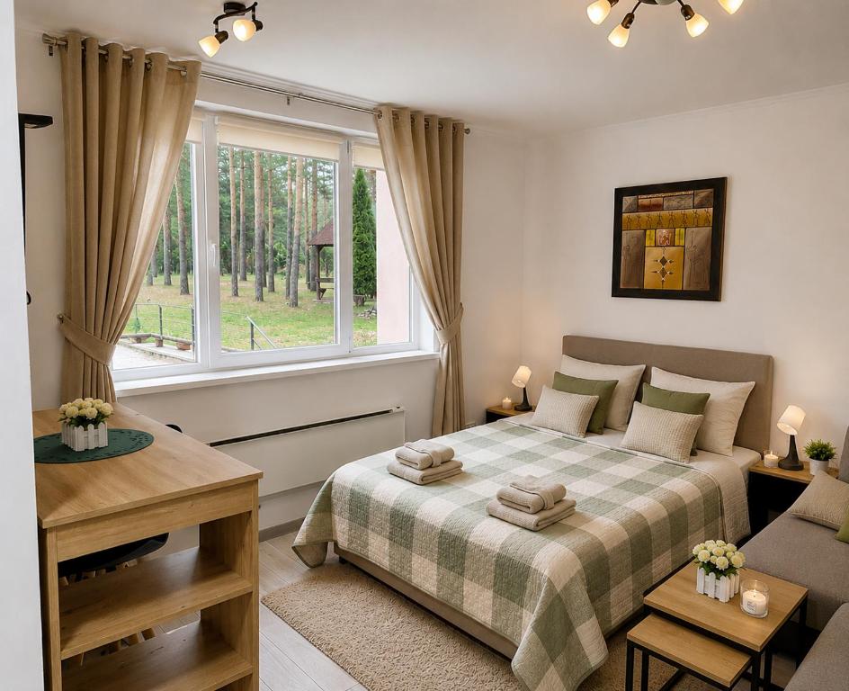 a bedroom with a bed and a couch and a window at Apartmani Krčmarica 10 in Divčibare